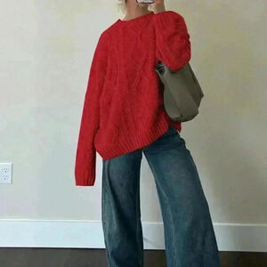 Deep Red Casual Women's Cable Knit Crew Neck Loose Long Sleeve Sweater